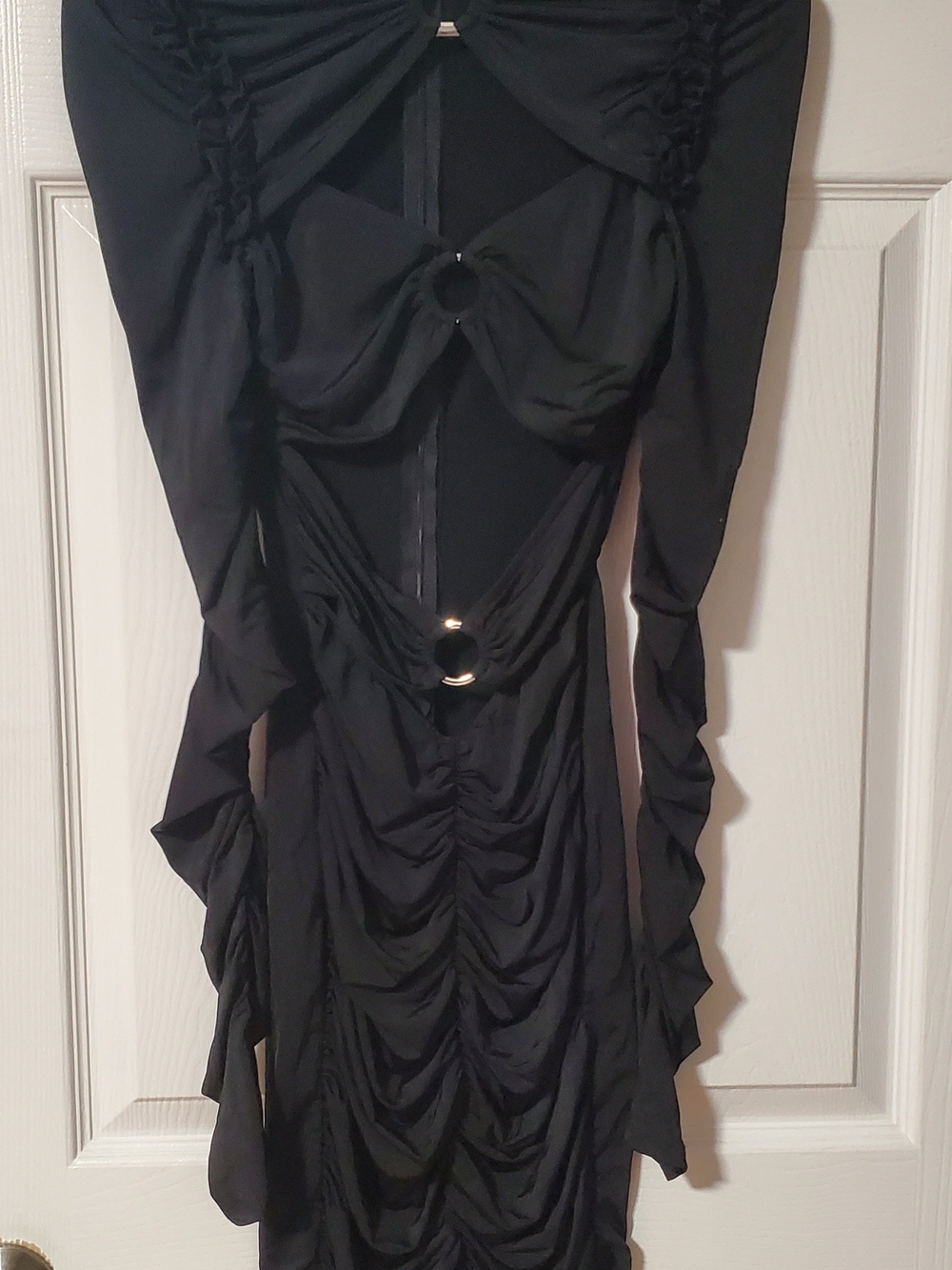 Fashion Nova Black Ruched Cutout Long Sleeve Ring-Detail Dress